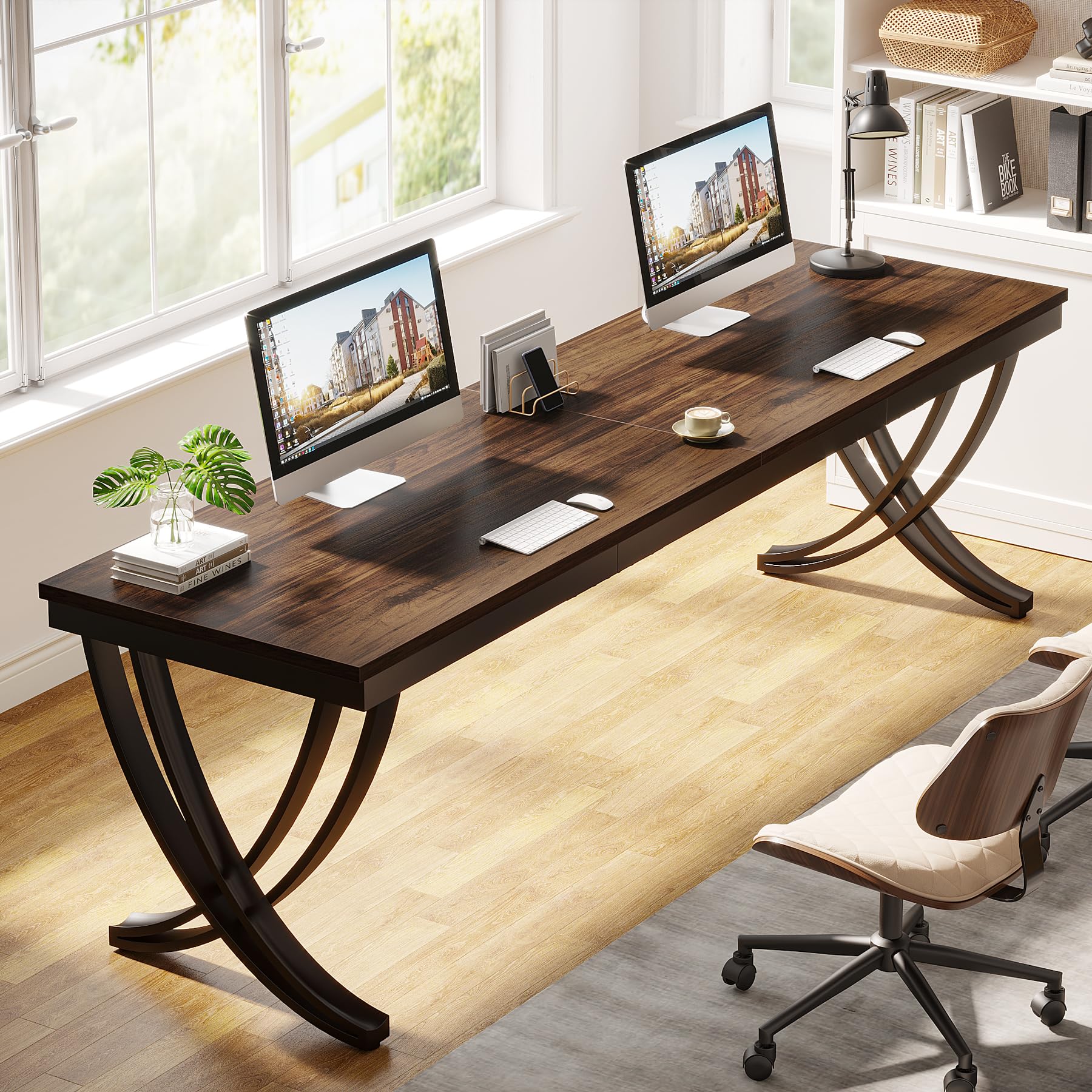 Tribesigns 2-Person Office Computer Desk, 78.7-Inch Extra Long Desk, Large Double Desk for Home Office, Workstation Work Desk for Two People with Stylish Legs, Rustic Brown - WoodArtSupply