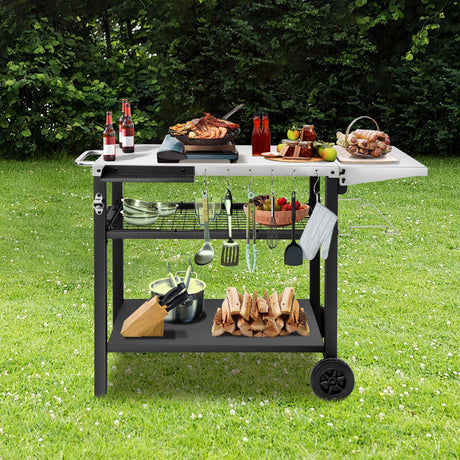 EDOSTORY Outdoor Grill Cart Table Pizza Oven Stand, Three-Shelf Stainless Steel Food Prep Table Patio BBQ Grill Table Bar Cart Kitchen Island with Wheels EDOSTORY