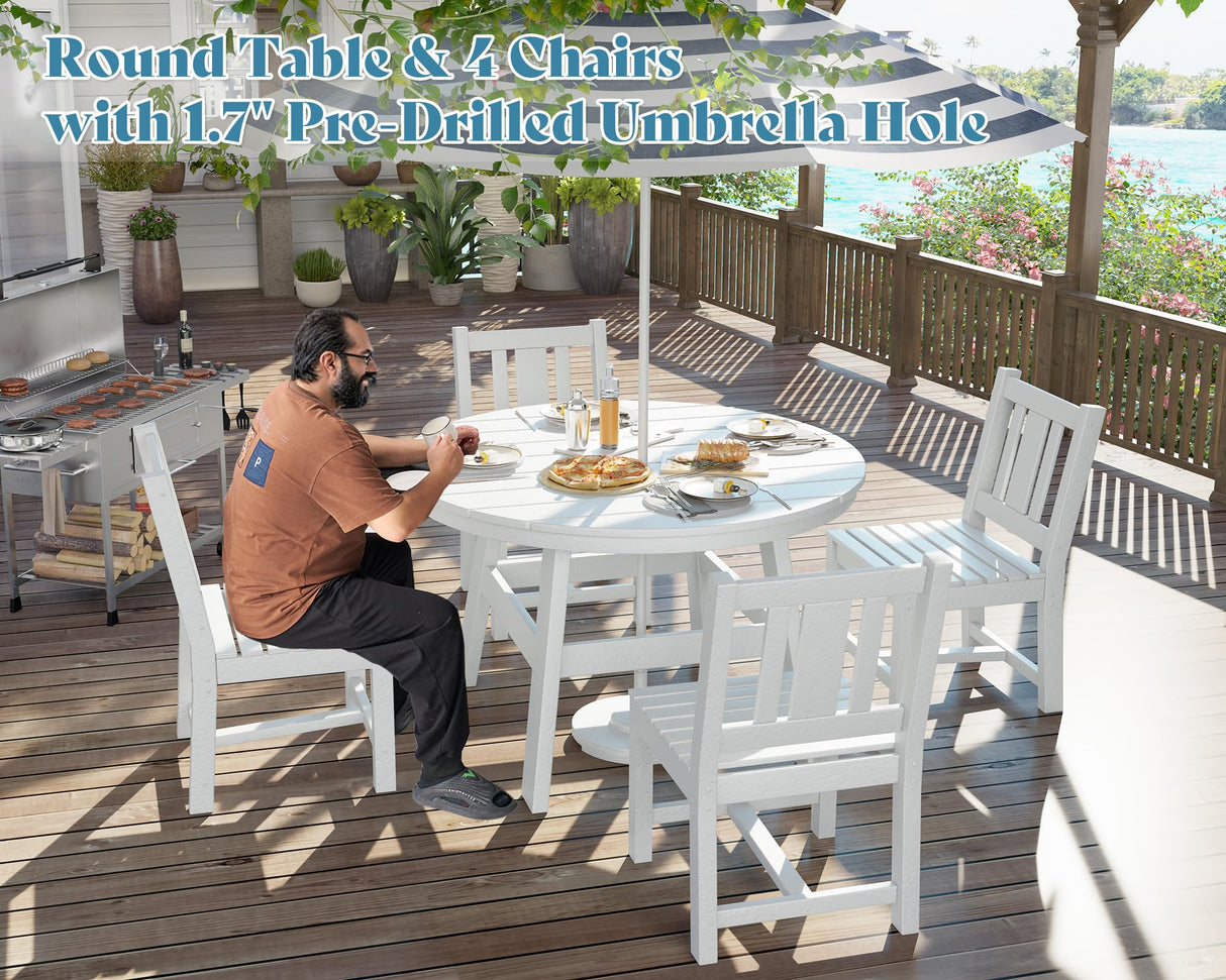 AMERLIFE 5 Piece HDPE Outdoor Dining Table & Chairs Set, All-Weather Patio Furniture with Umbrella Hole for Garden, Backyard, Seaside, White AMERLIFE