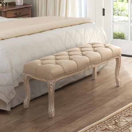 Cozyman Bedroom Bench, French Vintage Tufted Entryway Bench, 45.2" Carving Upholstered End of Bed Bench with Distressed Wood Legs, Linen Ottoman Seat for Living Room, Foyer, Dining Room, Wheat Cozyman