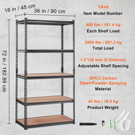 VEVOR Storage Shelving Unit, 5-Tier Adjustable, 2000 lbs Capacity, Heavy Duty Garage Shelves Metal Organizer Utility Rack, 2 Pack, 36" L x 18" W x 72" H VEVOR
