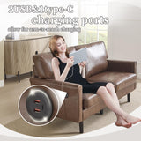 KEIKI PU Leather Loveseat Sofa, 56.3" Small Couch 2 Seater Sofa Couches with 2 USB & 1 Type-C Charging Ports, Removable Pillow Cover, Comfy Cushion, Love Seat Couches for Bedroom, Apartment, Brown KEIKI