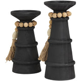 Deco 79 Wood Handmade Decorative Candle Holder Textured Matte Candle Stand with Beaded Garland Accent, Set of 2 Candlestick Holder 10", 8" H, Black Deco 79