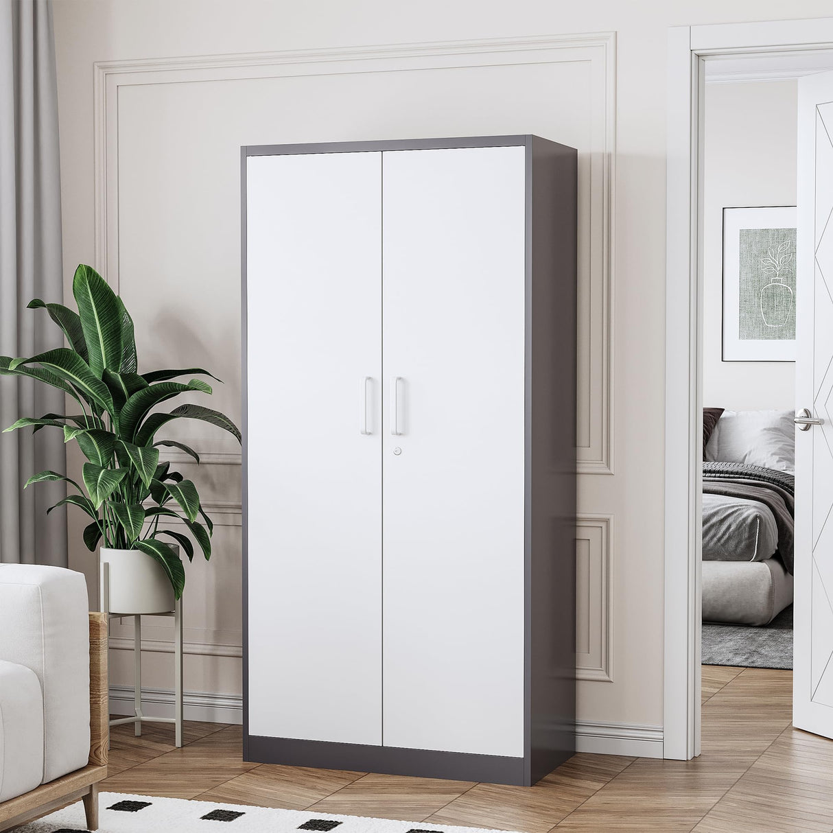 STANI Metal Garage Storage Cabinet with Lock, 71" Steel Lockable File Cabinet, Locking Steel Storage Cabinet with 4 Adjustable Shelves for Home, Office, Warehouse, Garage, School (White+Grey) STANI