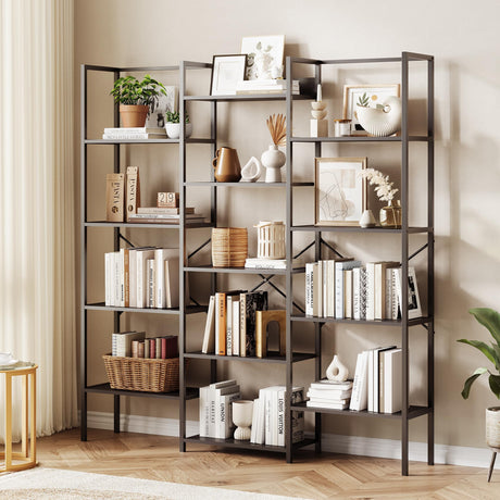 PtioHavn Triple Column 5-Tier Bookshelf, Rustic Industrial Style Book Shelves, Vintage Bookcase with 13 Open Storage Display Shelves, Large Storage Shelf for Living Room Office PtioHavn