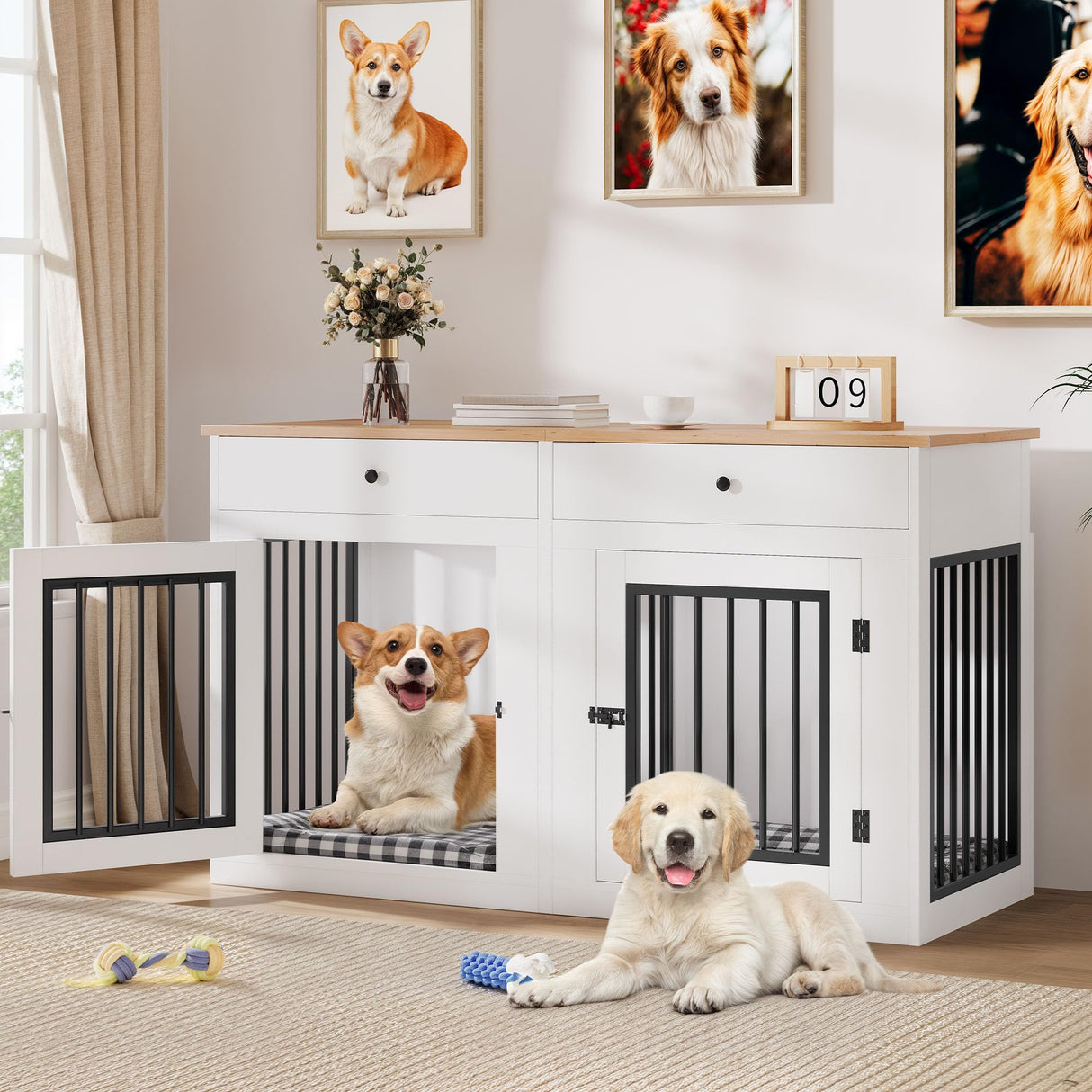 YITAHOME 60" Wooden Dog Crate Furniture with Removable Divider & Storage Drawers, Double Door Kennel with Locks for Medium and Large Dogs, Multi-Functional Dog Crate End Table for Indoor use, White YITAHOME