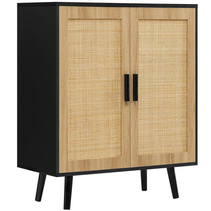 Iwell Storage Cabinet, Rattan Cabinet with Adjustable Shelf & Doors, Buffet Cabinet with Storage, Accent Cabinet for Living Room, Kitchen, Entryway, Natural+ Black