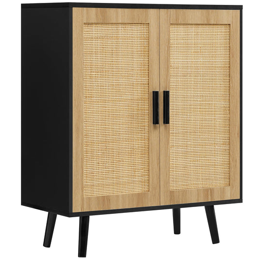 Iwell Storage Cabinet, Rattan Cabinet with Adjustable Shelf & Doors, Buffet Cabinet with Storage, Accent Cabinet for Living Room, Kitchen, Entryway, Natural+ Black - WoodArtSupply