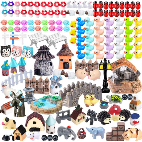 162 Pcs Miniature Fairy Garden Accessories, Fairy Garden Kit, Including Animals, Mini Houses, Miniature Figurines, Micro Landscape Ornaments for Dollhouse Bonsai Terrarium Decor, Garden DIY Kit CHAKANLX