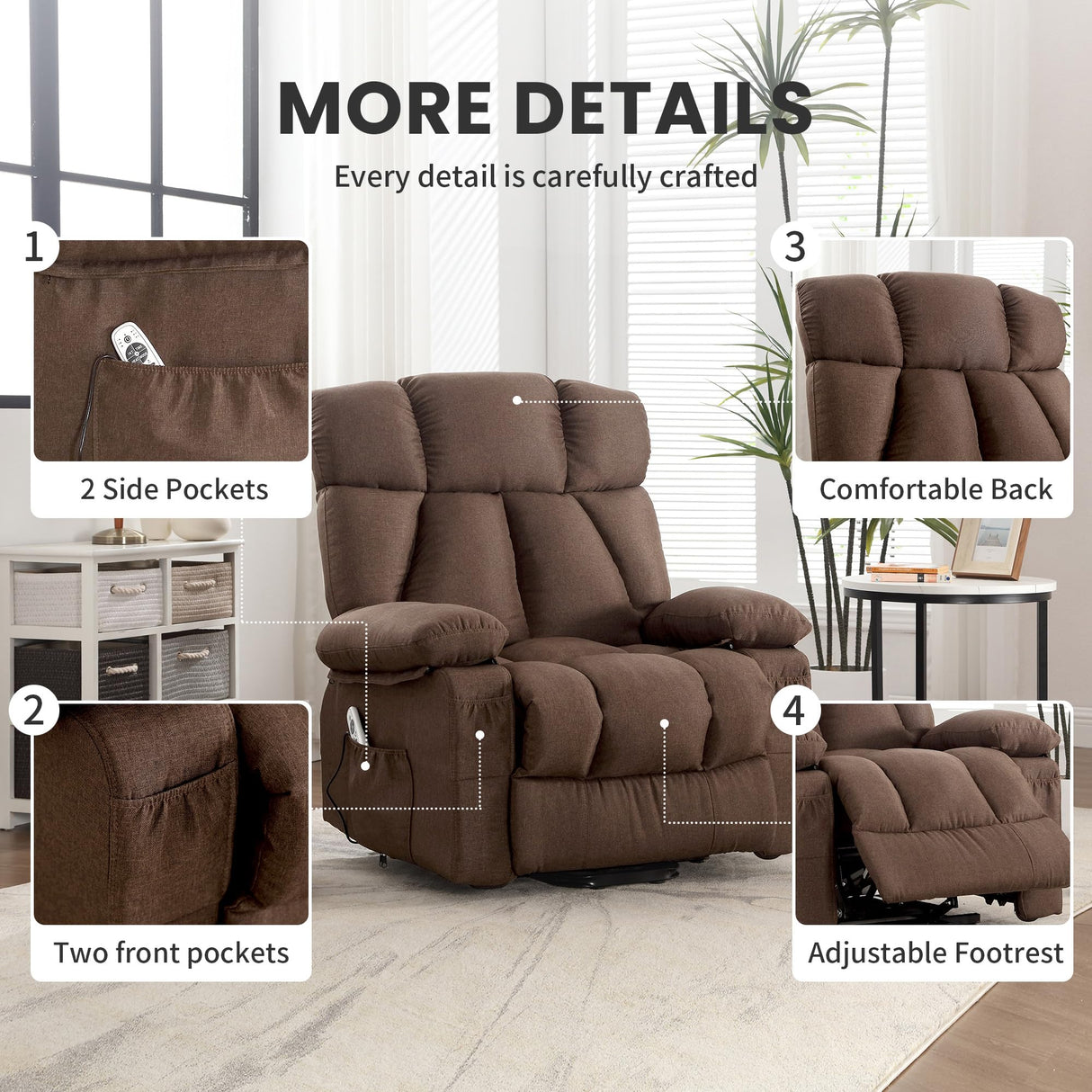 jonpony Power Lift Recliner Chair for Elderly, Lift Chair with Massage and Heat for Living Room, Fabric Electric Recliner Chairs with Side Pockets, USB Charge Port,Brown jonpony