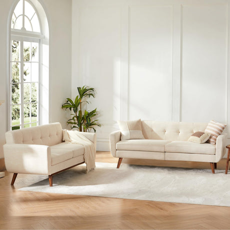 Kingfun 2 Piece Loveseat and Sofa Sets, Mid Century Modern Decor Love Seat Couches for Living Room, Button Tufted Upholstered Furniture, Easy to Install Small Couch for Bedroom, Office, Beige Kingfun