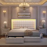 GEGOFORU LED Upholstered King Bed Frame with Adjustable Headboard and 4 Drawers in PU White GEGOFORU