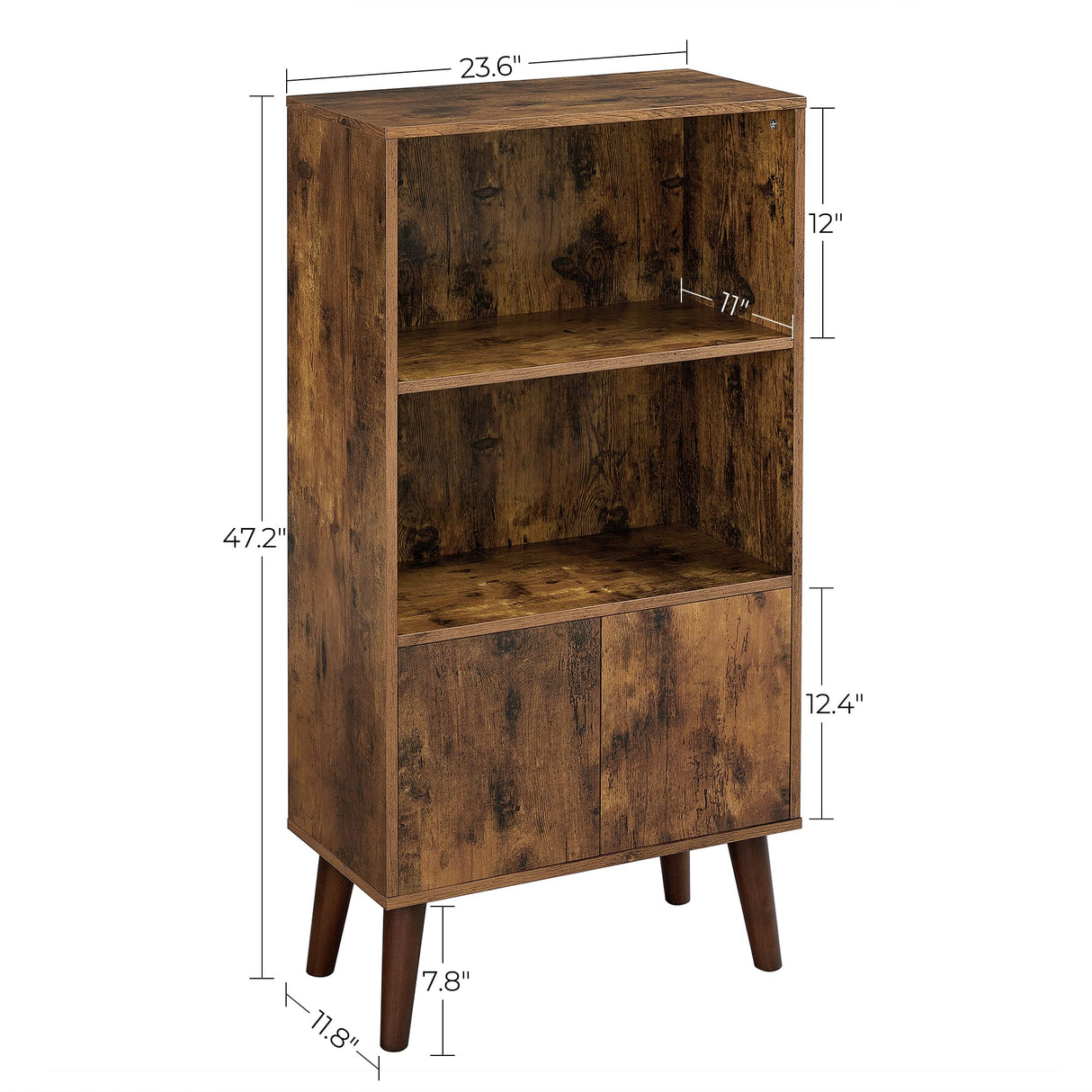 VASAGLE Bookcase, 2-Tier Retro Bookshelf with Doors, Storage Cabinet for Books, Photos, Decorations in Living Room, Office, Study, Mid-Century Style, Rustic Brown ULBC09BX VASAGLE