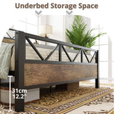 LIKIMIO Queen Bed Frame, Tall Industrial Headboard 51.2 ", Platform Bed Frame with Strong Metal Support, Solid and Stable, Noise Free, No Box Spring Needed, Easy Assembly, Vintage Brown, Rustic Maple LIKIMIO