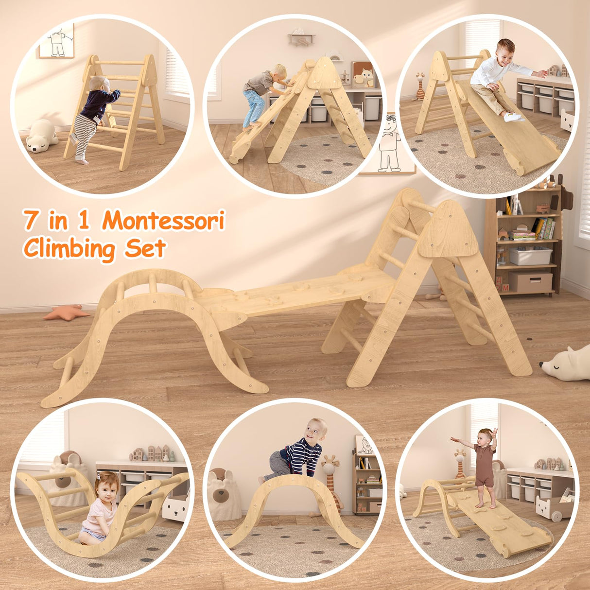 UROSULO Indoor Toddler Climbing Toys, Multifunction Pikler Triangle and Arch with Ramp, Climbing Triangle Arch Playground Set, Montessori Triangle Climbing Toys for Toddlers, Montessori Climbing Toys UROSULO