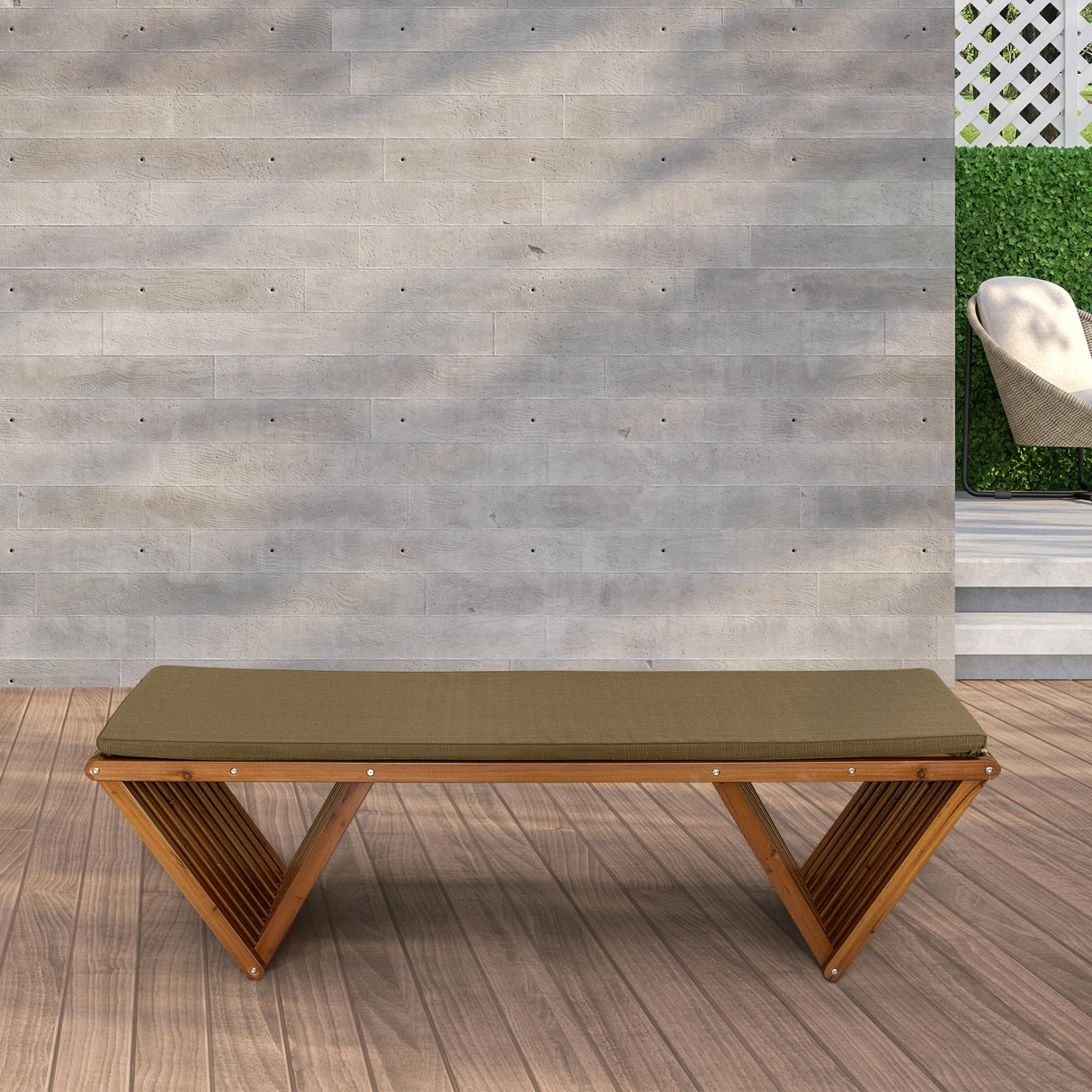 Mega Casa Outdoor Wooden Bench with Weatherproof Cushion, Solid Fir Wood, Coating with Wood Varnish, 3-Seater, for Patio, Porch, Yard, Garden, 62.8 inches (Teak Tone) Mega Casa