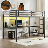 MAKIAAP Full Loft Bed with Desk, Metal High Loft Bed with LED Lights, Charging Station, Full Loft Bed Frames for Kids, Junior, Space Saving, Noise Free, Black (Black, Full) MAKIAAP