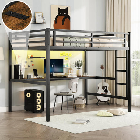 MAKIAAP Full Loft Bed with Desk, Metal High Loft Bed with LED Lights, Charging Station, Full Loft Bed Frames for Kids, Junior, Space Saving, Noise Free, Black (Black, Full) MAKIAAP