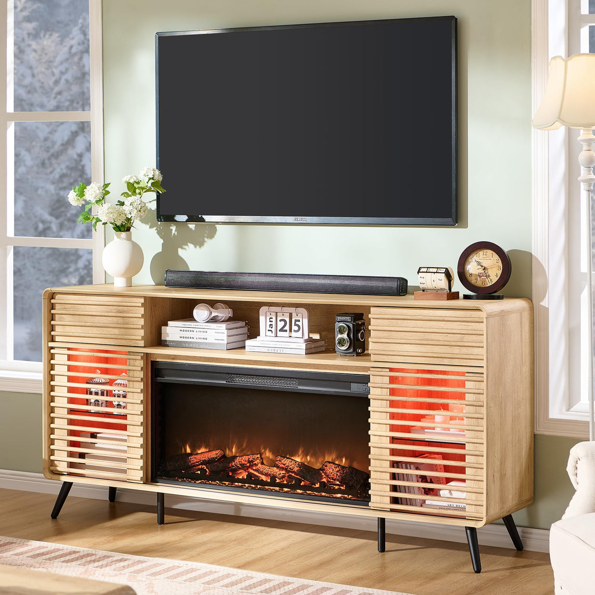 RedLemon Fireplace TV Stand for 80 Inch TV, Mid Century Modern Entertainment Center with 36" Electric Fireplace & Led Lights, Wood Media Console w/Slatted Sliding Doors for Living Room, Natural Oak RedLemon