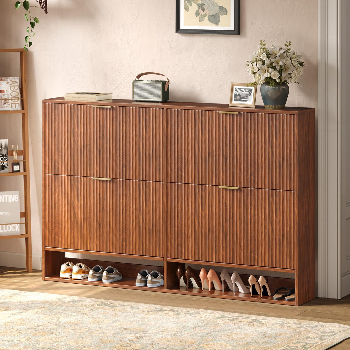 Hootata 47.2''W Walnut Shoe Storage Cabinet for Entryway with 4 Flip Drawers, Fluted Slim Shoe Cabinet, Free Standing Wooden Shoes Organizer for Foyer, Hallway Hootata