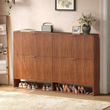 Hootata 47.2''W Walnut Shoe Storage Cabinet for Entryway with 4 Flip Drawers, Fluted Slim Shoe Cabinet, Free Standing Wooden Shoes Organizer for Foyer, Hallway Hootata