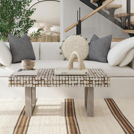 East at Main White Coffee Table – Handmade Accent Table with Coconut Shell Inlay, 40" Rectangular Wood Table for Living Room, Coastal Farmhouse or Boho Decor East at Main