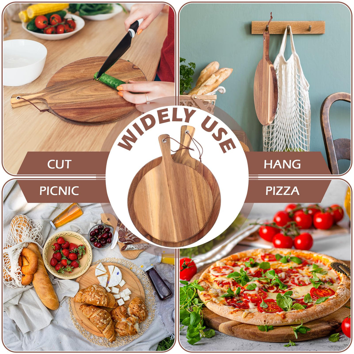 Roshtia 16 Pack Acacia Wood Cutting Board with Handle Thick Round Charcuterie Boards 2 Size Acacia Chopping Boards for Serving Cheese Pizza Bread Platter Baking Wooden Wall Carving Decor Roshtia