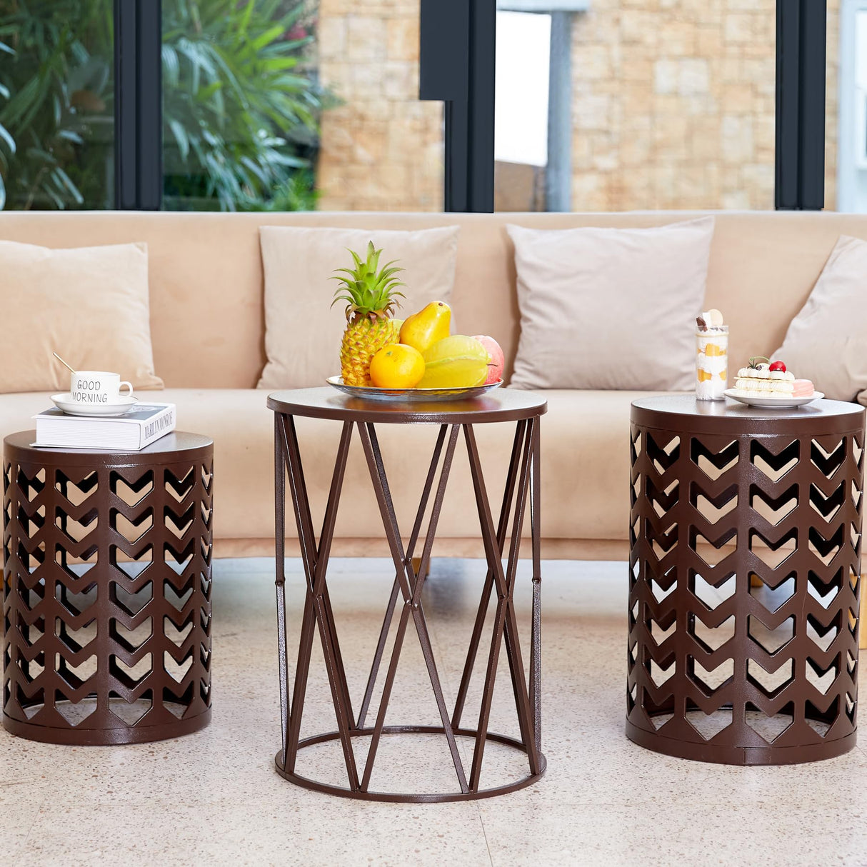 HFHOME Round Nesting Coffee Tables, Set of 3 End Tables for Living Room Balcony Office, Heavy Duty Metal Stacking Side Tables for Home Indoor - Brown HFHOME