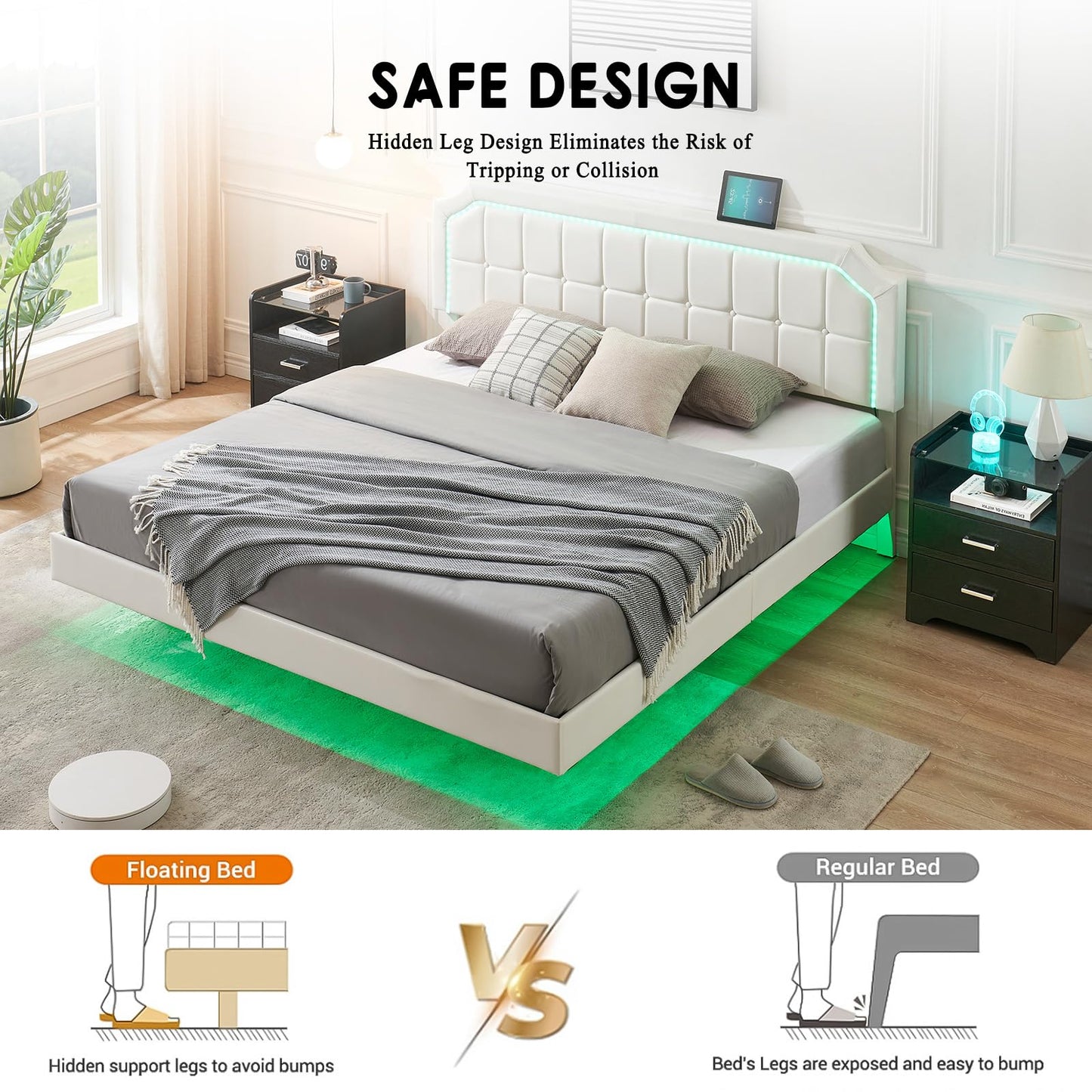 IDEALHOUSE King Size Floating Bed Frame with RGB LED Headboard and Adjustable Upholstered Design - WoodArtSupply