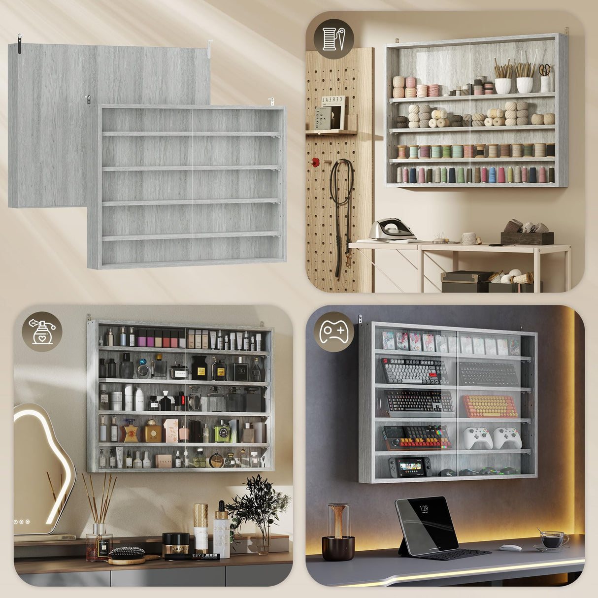 HOMCOM 5-Tier Display Cabinet, Glass Door Cabinet with Adjustable Shelves, Wall-Mounted Display Case for Playroom, Bedroom, Gray HOMCOM