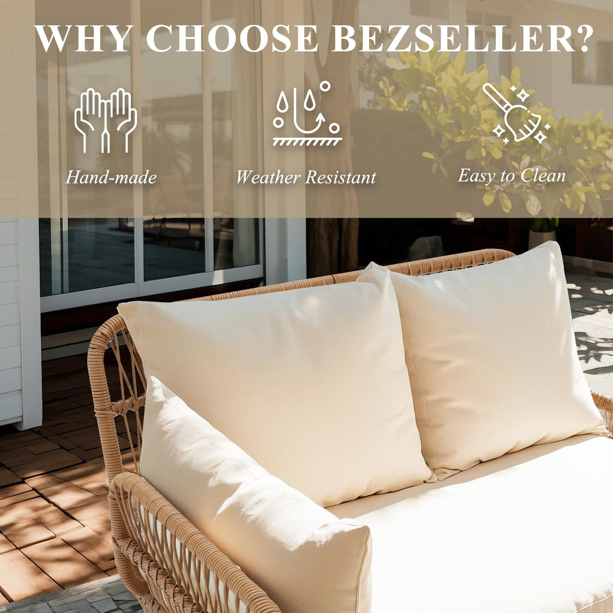 Bezseller 3-Piece Outdoor Patio Furniture Set, L-Shaped Rattan Sectional Sofa with Thick Cushions, Glass Coffee Table – All-Weather Conversation Set for Backyard, Porch, Poolside Bezseller