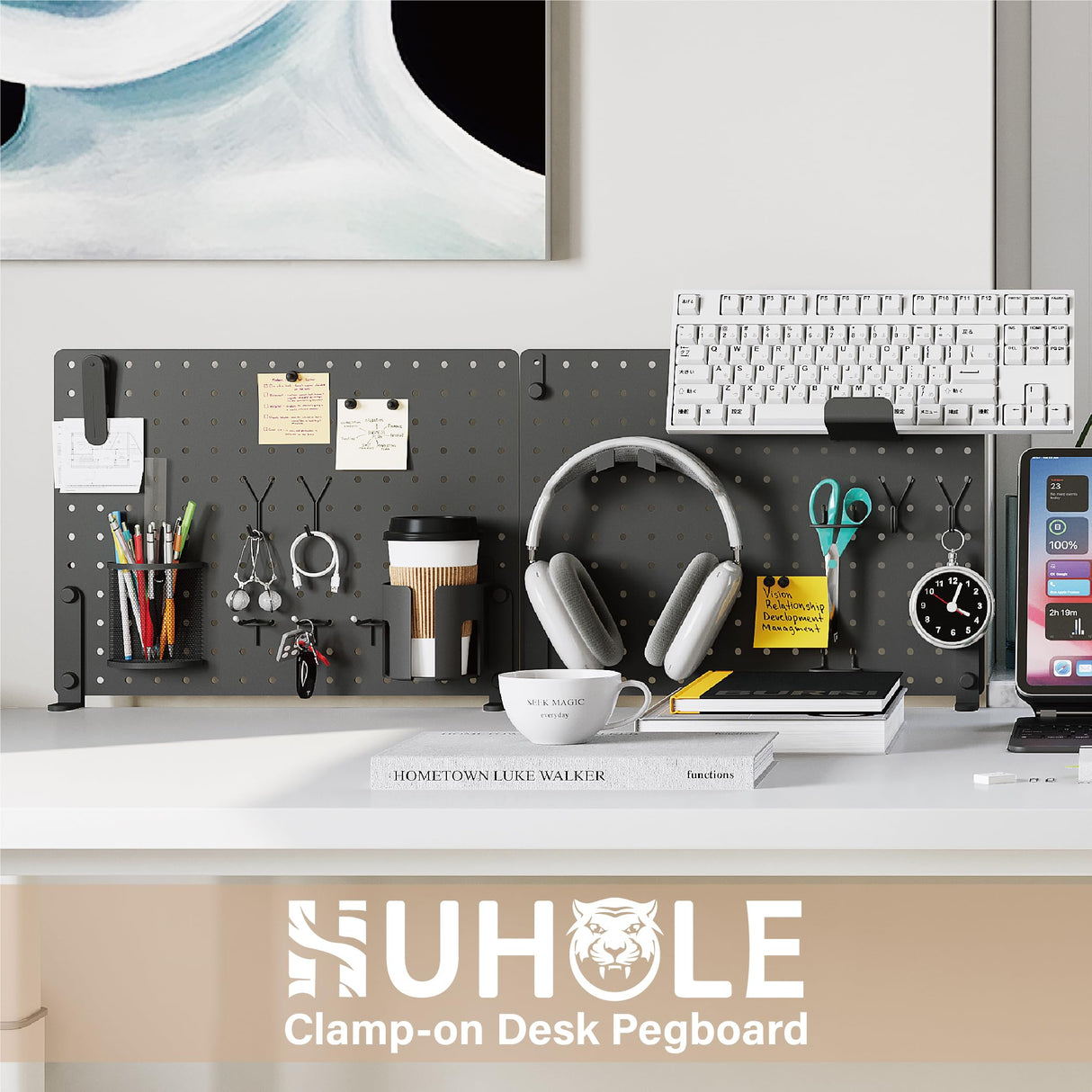 HUHOLE 32 x 12 inch Clamp On Desk Pegboard, Black Metal Desktop Organizer, Desk Accessories for Gaming & Office, Versatile Clamp-On Pegboard for Organization and Storage HUHOLE