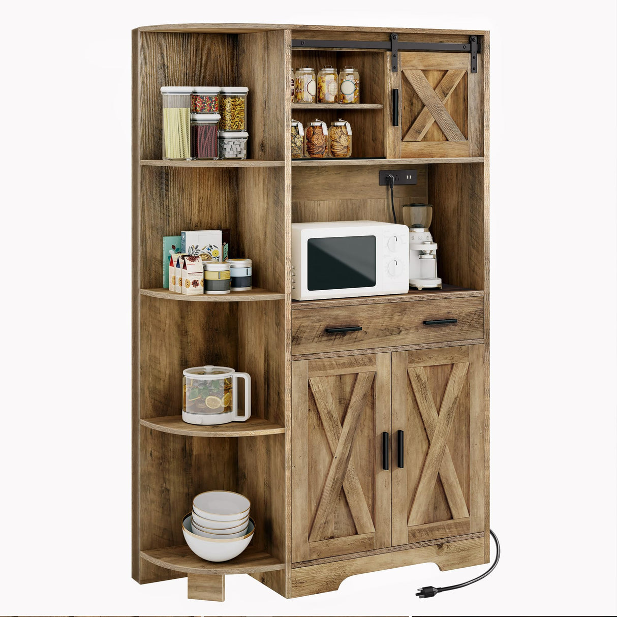 DWVO 67.3" Farmhouse Kitchen Pantry, Storage Cabinet Baker Rack with Power Outlet, Freestanding Hutch with Barn Door & Drawer, Buffet Sideboard with Microwave Stand for Dining Room, Rustic Brown DWVO