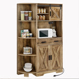DWVO 67.3" Farmhouse Kitchen Pantry, Storage Cabinet Baker Rack with Power Outlet, Freestanding Hutch with Barn Door & Drawer, Buffet Sideboard with Microwave Stand for Dining Room, Rustic Brown DWVO