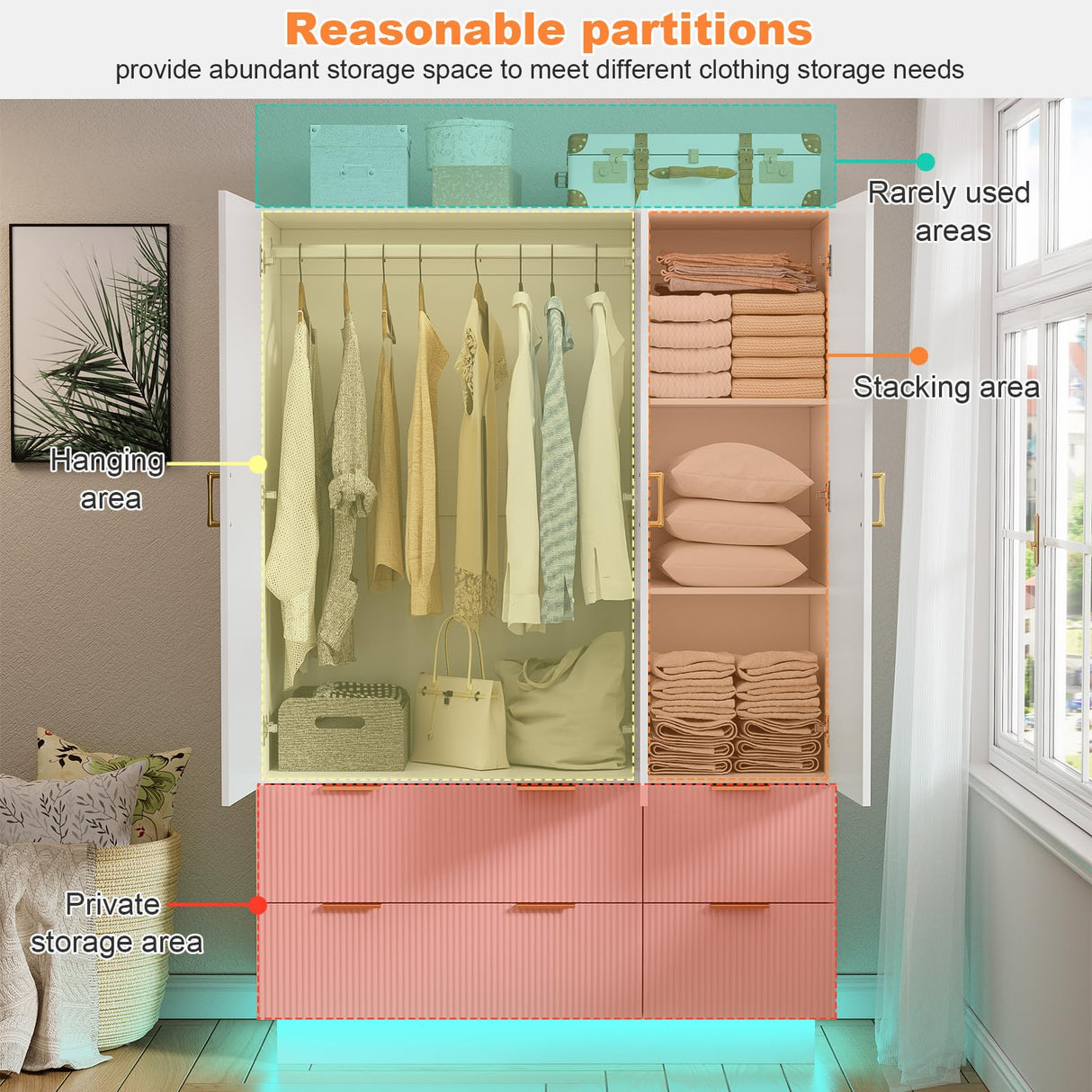 PAKASEPT Armoire Wardrobe Closet with 3 Door, Bedroom Armoires with Mirror and LED Lights, Hanging Rod, Drawers, Large Capacity Storage Wardrobe Armoire for Bedroom PAKASEPT