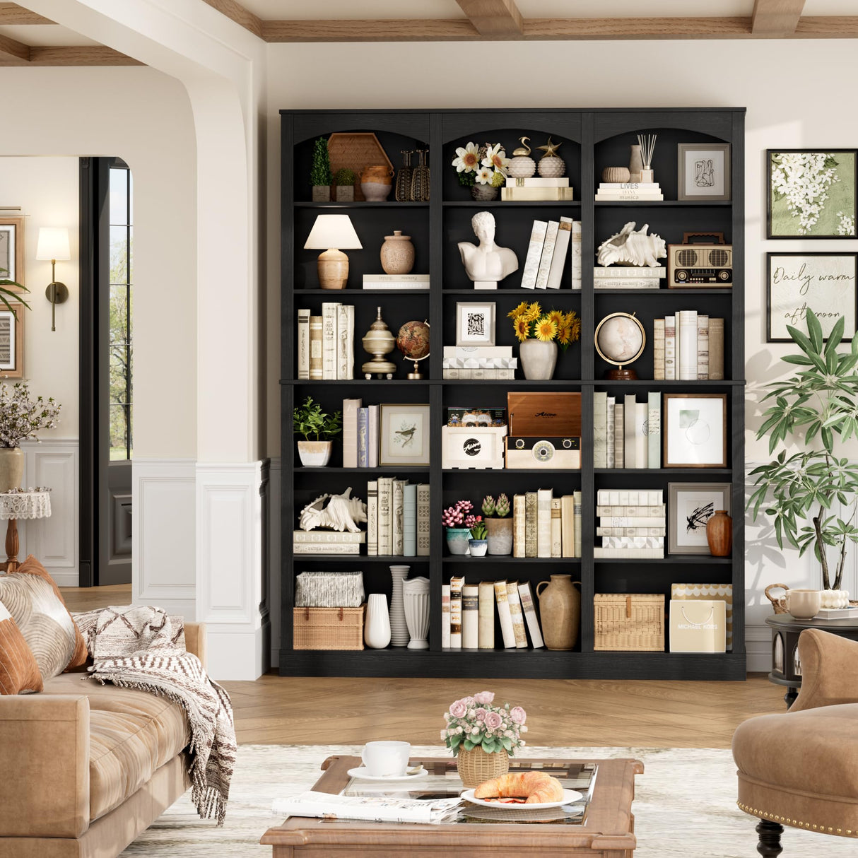 FACBOTALL 71" Triple Wide Bookshelf, 6 Tier Tall Bookshelf, Large Book Shelf with Curved Baffle, 63.4" Wide Bookcase with 18 Open Display Shelves for Living Room, Study, Black FACBOTALL