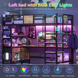 Loft Bed Twin Size with L-Shaped Desk and Storage, Metal Bunk Bed with Desk Underneath and LED Lights & Charging Station, Twin Loft Bed with Desk, 5 Drawer 2 Pegboards, Safety Guard Ladder, Brown BYSAUD