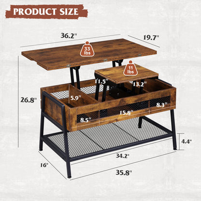 WLIVE Lift Top Coffee Table, 3 in 1 Multi-Function Coffee Table with Storage, Hidden Compartment and Metal Frame, Coffee Table Converts to Dining Table for Living Room, Home Office, Rustic Br - WoodArtSupply