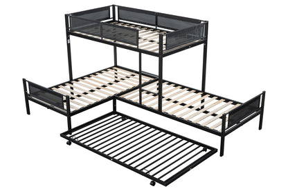 PVWIIK L-Shape Metal Triple Bunk Bed with Trundle for 4 Kids Adults,Sturdy Metal Frame w/Safety Textilene Guardrals for Kids Teens Adults,Noise Free No Box Spring Needed,Black