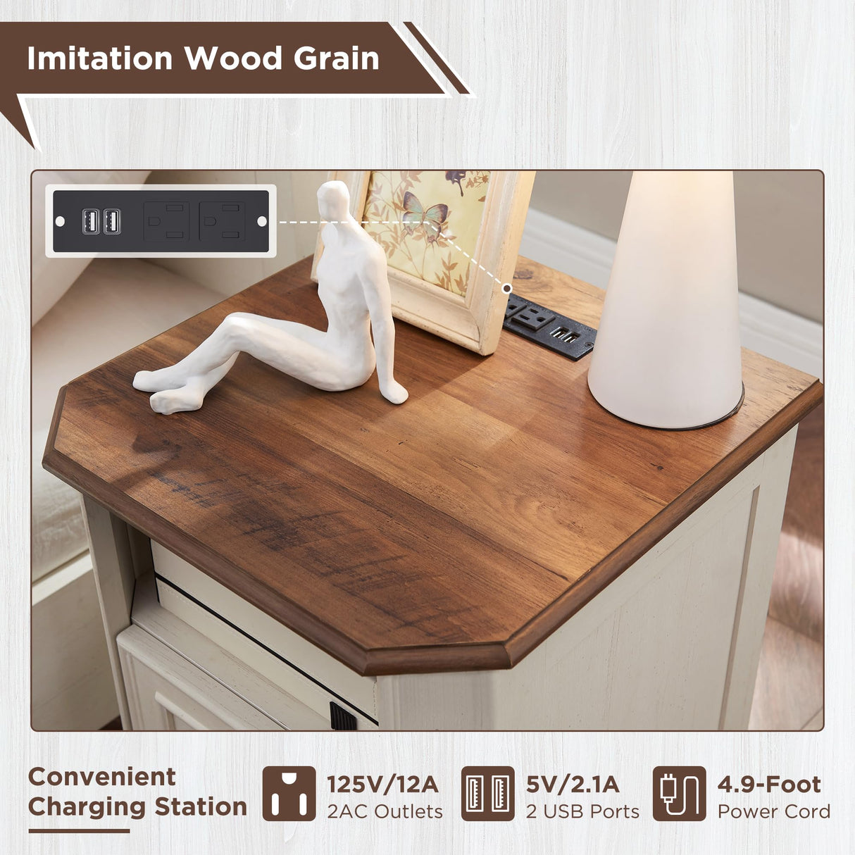 T4TREAM Farmhouse Nightstand with Charging Station, 18" End Table with 2 Drawers, Wood Side Table, Bedside Cabinet for Bedroom, Living Room (Antique White) T4TREAM