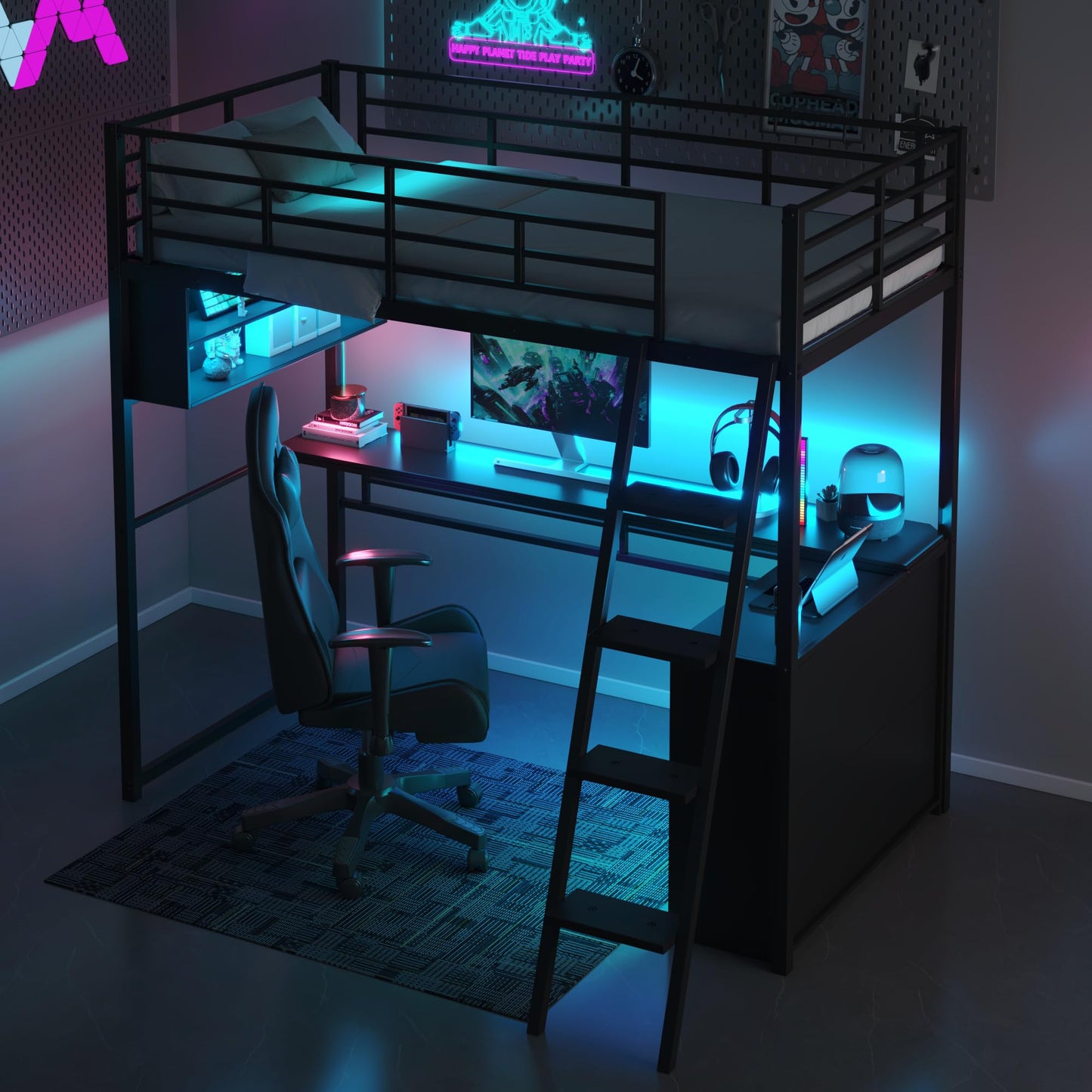 Twin Size Gaming Loft Bed with Desk, LED and 4 Storage Shelves, Metal Twin Loft Bed Frame, High Loft Bed Frame with Storage, Noise-Free, Space-Saving, No Box Spring Needed, Black