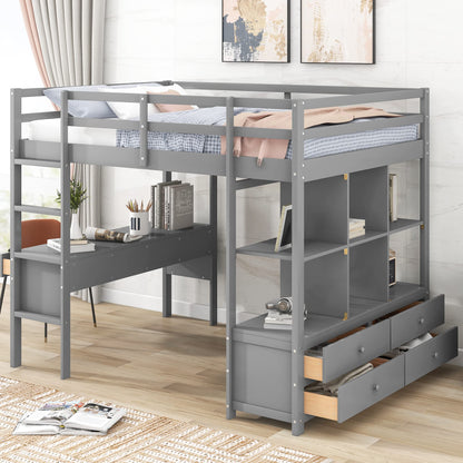 Harper & Bright Designs Full Size Grey Loft Bed with Built-in Desk, Drawers, and Storage Shelves - WoodArtSupply