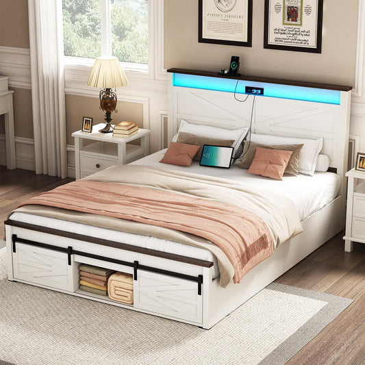 Farmhouse Style LED Queen Bed Frame with Sliding Barn Door Storage & Charging Station in Antique White - WoodArtSupply