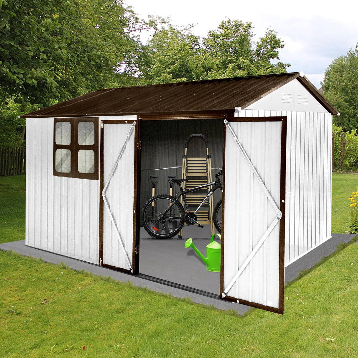 Ball & Cast 10x8 FT Sheds & Outdoor Storage,Metal Garden Shed with Window,Waterproof Cabinet Foldable House W/Lockable Doors and Roofs,for Storing Bicycles,Lawnmowers,Barbeques,White+Coffee Ball & Cast