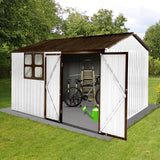 Ball & Cast 10x8 FT Sheds & Outdoor Storage,Metal Garden Shed with Window,Waterproof Cabinet Foldable House W/Lockable Doors and Roofs,for Storing Bicycles,Lawnmowers,Barbeques,White+Coffee Ball & Cast