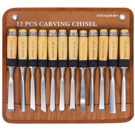 Falling in Art 12Pcs Wooden Carving Chisel Set, Woodworking Tools Set with a Leather Pouch, Full Size Knife Gouge Kit for Carving Projects, Ideal for Beginners and Professionals Falling in Art