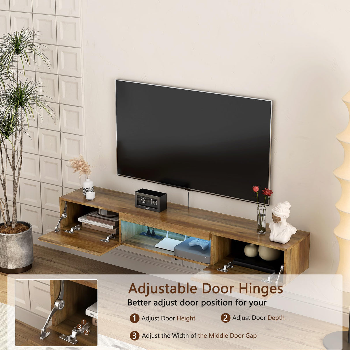 QIANYEWANG Floating TV Stand Wall Mounted with Power Outlet,Modern Wood Wall Mounted Media Console Shelf,Floating Entertainment Center for Under TV Storage for Living Room Bedroom Office,Brown QIANYEWANG