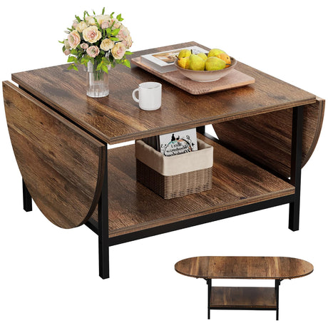 SAYGOER Coffee Table Mid Century Modern Extended Coffee Tables 2-Tier Storage Vintage Table for Living Room Farmhouse Center Table with Two Foldable Panel for Any Large or Small Space, Rustic Brown SAYGOER