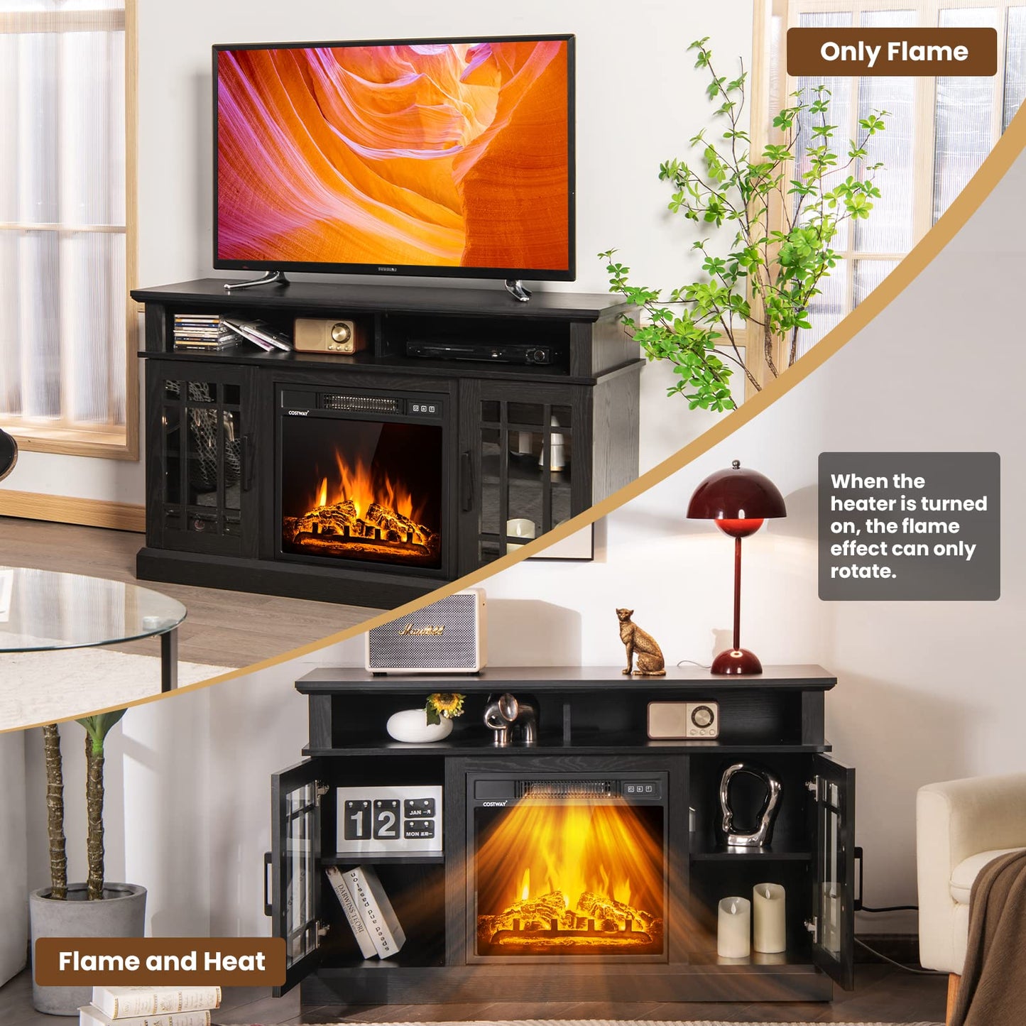 Happygrill Electric Fireplace TV Stand Up to 55 Inches, 48 Inch TV Stand w/Heater, Remote & Storage, Overheat Protection, Wooden Entertainment Center w/Adjustable Shelves for Living Room, Black