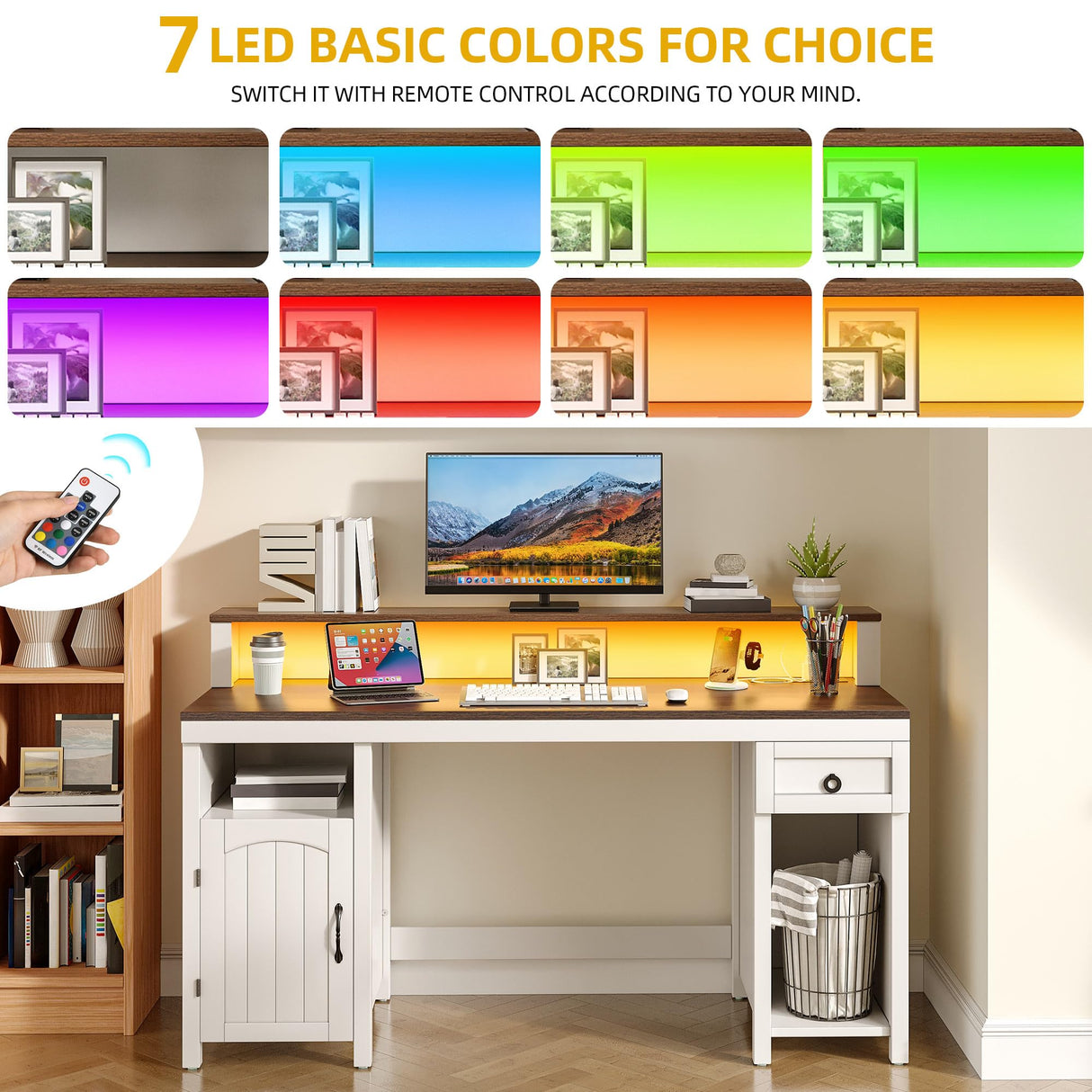 DWVO Farmhouse Office Desk with Drawer & Power Outlets, Wood Computer Desk w/LED Strip & Monitor Stand for Bedchamber Study, Home Office Table with Storage Cabinet for Working Writing Gaming (White) DWVO